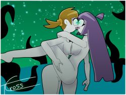  blush breasts brown_hair french_kiss glowing_eyes jaune_(sr_pelo) kissing lila_(sr_pelo) nude purple_hair pussy shrunken_irises spooky_month tcross tentacles 