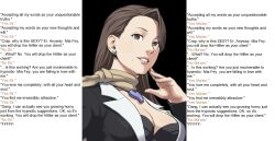 ace_attorney bra brown_hair caption caption_only cleavage earrings female_pov femdom femsub happy_trance large_breasts long_hair male_pov maledom manip mia_fey mole necklace official_art pov_dom resisting scarf story sunt-ermico_(manipper) text
