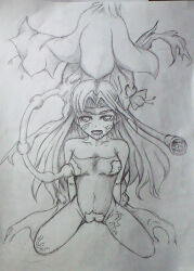 breast_sucking breasts celes_chere corruption empty_eyes femsub final_fantasy final_fantasy_vi greyscale kneeling leotard long_hair monochrome open_mouth parasite plant tentacles traditional