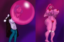  before_and_after bimbofication blue_hair blush breast_expansion breasts bubble bubble_gum candy chryssie_(rhakark) faust1173 female_only femsub heart heart_eyes huge_breasts hypnotic_food maid necklace original pastel pink_hair pink_skin red_eyes transformation 
