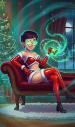 ai_art bell black_hair carmen_sandiego christmas christmas_tree cleavage clothed female_only femsub glasses gloves glowing glowing_eyes green_eyes happy_trance hypnotic_accessory julia_argent_(carmen_sandiego) lipstick looking_at_viewer night posing santa_costume seductive_smile short_hair sitting smirk solo thighhighs zupern0va_(manipper)