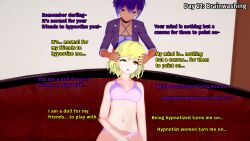 3d blonde_hair couch dialogue english_text eye_roll female_only femdom femsub hypnovember koikatsu! latina limp liz_(liz_b) liz_b miss_hypnos_(liz_b) mole nail_polish original purple_hair tan_skin text underwear
