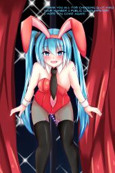  absurdres blue_hair blush breasts bunny_ears bunnysuit cuffs fake_animal_ears female_only femsub heart heart_eyes large_breasts long_hair miku_hatsune open_mouth sex_toy symbol_in_eyes text twintails vibrator vocaloid yakai 