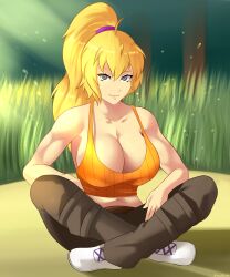 absurdres blonde_hair breasts cleavage female_only femdom happy_trance icontrol_(manipper) large_breasts manip midriff muscle_girl ponytail rwby smile solo sowilo spiral_eyes symbol_in_eyes tank_top yang_xiao_long