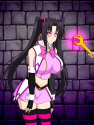  absurdres black_hair bow_tie female_only femsub fingerless_gloves hair_ribbon happy_trance high_school_dxd jimryu large_breasts long_hair magic_wand magical_girl midriff navel serafall_leviathan skirt slouching smile solo spiral_eyes symbol_in_eyes thighhighs twintails very_long_hair 