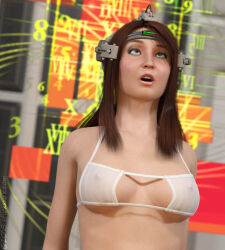  3d bikini breasts brown_hair cleavage erect_nipples expressionless female_only femsub long_hair open_mouth original solo sturkwurk tech_control text 