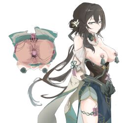 absurdres altered_common_sense anus ass bare_shoulders brown_hair censored dildo dress erect_nipples exhibitionism female_only femsub flower flower_in_hair gloves green_eyes hair_ornament honkai_star_rail jewelry multiple_views necklace nipple_clamps nipples opera_gloves pussy ruan_mei_(honkai_star_rail) sex_toy shi_fang_mingliang simple_background smug solo upskirt very_long_hair vibrator white_background