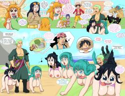 alanwrecked black_hair blue_hair collar dialogue green_hair happy_trance kozuki_hiyori kurozumi_tama large_breasts long_hair monkey_d._luffy nami_(one_piece) nico_robin nipples nude one_piece orange_hair pet_play roronoa_zoro sanji short_hair tashigi text tongue_out tony_tony_chopper usopp