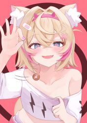  animal_ears bandage blonde_hair blue_eyes blush collarbone crop_top dog_girl femdom flat_chest hair_ornament hololive hololive_english looking_at_viewer mococo_abyssgard open_mouth parunprunpa pendulum pink_hair red_background smug solo spiral_background spiral_eyes undressing virtual_youtuber 