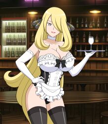  absurdres blonde_hair bow_tie breasts choker cleavage collarbone cynthia empty_eyes female_only femsub glass gloves grey_eyes hair_covering_one_eye hair_ornament hand_on_hip happy_trance jimryu large_breasts maid milk nintendo open_mouth opera_gloves pokemon pokemon_diamond_pearl_and_platinum solo thighhighs tray very_long_hair waitress 