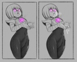  before_and_after begging bulge cum cum_on_body cum_on_face frisk_(undertale) glowing glowing_eyes greyscale heart latex male_only malesub open_mouth pstash purple_eyes short_hair straight-cut_bangs sweat tight_clothing tongue undertale 