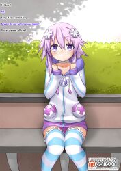 dialogue female_only hoodie hyperdimension_neptunia looking_at_viewer maledom neptune_(hyperdimension_neptunia) panties purple_eyes purple_hair sitting skirt smile solo text thighhighs underwear vahn_yourdoom