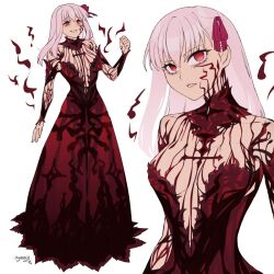  alternate_costume angra_mainyu aura body_markings clothed corruption costume dark_sakura dress empty_eyes eye_color_change facial_markings fate/stay_night fate/stay_night_heaven's_feel fate_(series) femsub hair_ribbon long_hair possession red_eyes reference_sheet sakura_matou signature simple_background smile symoca white_background 