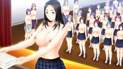  altered_common_sense belted_skirt black_hair breasts clothed empty_eyes female_only femsub game_cg happy_trance indifferent kyonyuu_hitozuma_onna_kyoushi_saimin large_breasts mass_hypnosis skirt sky_house topless unaware 
