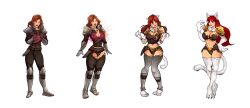 armor belt breasts brown_eyes cat_girl claws cleavage comic female_only furry glowing happy_trance hugothetroll hypnotic_accessory jewelry large_breasts lipstick long_hair necklace non-human_feet orange_hair original possession red_eyes red_hair smile solo tail tail_growth transformation white_background