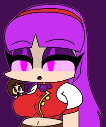  athena_asamiya aura breasts chibi clothed eyeshadow femsub heterosexual hypnoscream large_breasts long_hair makeup maledom midriff navel open_mouth psycho_soldier purple_background purple_eyes purple_sclera short_hair sie_kensou simple_background size_difference smile tagme 