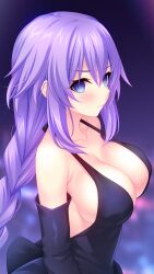  blue_eyes blush bodysuit breasts cameltoe cleavage dress empty_eyes expressionless female_only femsub hair_ornament hyperdimension_neptunia irori large_breasts looking_at_viewer navel neptune_(hyperdimension_neptunia) purple_hair purple_heart solo twin_braids 