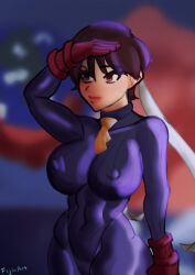  absurdres bodysuit breasts brown_hair capcom erect_nipples_under_clothes expressionless female_only femsub fijin gloves large_breasts red_eyes ribbon sakura_kasugano saluting shadaloo_dolls signature solo standing street_fighter tie 