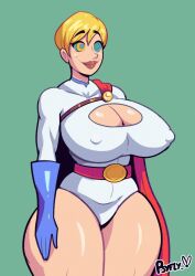  animated animated_eyes_only animated_gif blonde_hair cape cleavage cleavage_cutout clothed dc_comics female_only femsub gloves green_background huge_breasts kaa_eyes power_girl psyfly short_hair simple_background smile solo thick_thighs 