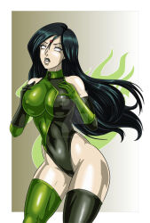  black_hair border clothed empty_eyes erect_nipples_under_clothes female_only femsub gloves gradient_background kim_possible_(series) large_breasts latex leotard microchip opera_gloves pale_skin shego sigfried028 simple_background solo tagme tech_control thighhighs very_long_hair watermark whitewash_eyes 