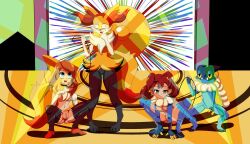  all_fours braixen empty_eyes frogadier furry idpet nintendo nude pet_play pokemon serena_(pokemon) shauna_(pokemon) squatting turning_the_tables 