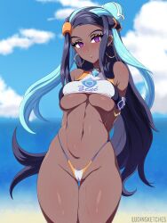  absurdres arms_behind_back beach black_hair blue_hair blush breasts cameltoe dark_skin earrings empty_eyes expressionless female_only femsub long_hair looking_at_viewer ludinsketches multicolored_hair navel nessa_(pokemon) nintendo open_mouth pokemon pokemon_sword_and_shield purple_eyes solo sweat swimsuit underboob 