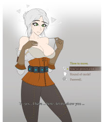  absurdres bra breasts cirilla_fiona_elen_riannon dialogue english_text female_only femsub green_eyes hair_buns happy_trance humor large_breasts magic makeup nexus_light open_clothes open_mouth pov pov_dom text the_witcher the_witcher_3 underwear undressing white_hair 