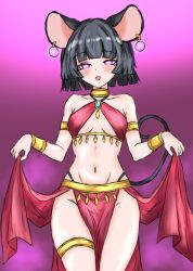  animal_ears arm_bands black_hair blush bracelet breasts collar collarbone dead_source earrings english_text environmental_text eyebrows_visible_through_hair female_only femsub harem_outfit hypnotic_accessory jewelry midriff mouse_girl navel nazrin panties pink_eyes putchinabura saimin_earrings simple_background skirt_lift small_breasts solo tail text touhou 