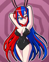 alear_(fire_emblem) alternate_costume arms_above_head bare_legs bare_shoulders blue_eyes blue_hair blush breasts bunny_ears bunny_girl bunnysuit cleavage femsub fire_emblem fire_emblem_engage happy_trance heterochromia legs long_hair looking_at_viewer multicolored_hair mythkaz nintendo red_eyes red_hair smile spiral spiral_background spiral_eyes symbol_in_eyes