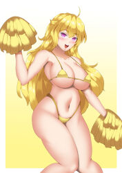 ahoge bikini blonde_hair blush breasts cheerleader clothed_exposure empty_eyes female_only femsub hadant large_breasts long_hair micro_bikini navel open_mouth pink_eyes rwby simple_background solo yang_xiao_long