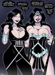 black_hair black_lantern breasts cleavage collar corruption dc_comics dialogue donna_troy english_text female_only large_breasts long_hair multiple_subs open_mouth polmanning ring speech_bubble super_hero text tongue tongue_out whip whitewash_eyes wonder_woman