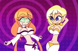 aged_up alternate_costume arms_above_head blonde_hair breasts cleavage dancer dancing disney earrings female_only femdom femsub happy_trance harem_outfit hypnoscream hypnotic_dance jewelry kingdom_hearts large_breasts long_hair midriff namine navel orange_hair smile spiral_background spiralwash_eyes square_enix strelizia yuri