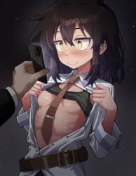  black_hair blush cell_phone character_request clothed clothed_exposure copyright_request erect_nipples erect_nipples_under_clothes female_only femsub flat_chest happy_trance light_skin maledom nipples onimushi_hyogo open_clothes open_shirt original phantom_hand small_breasts smile spiral_eyes tech_control tie undressing yellow_eyes 