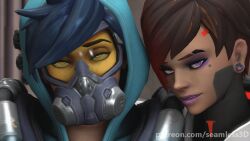  3d animated animated_gif breasts clothed female_only femdom femsub large_breasts mole overwatch seamless short_hair sombra_(overwatch) tracer yuri 