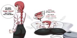  altered_common_sense ass ass_expansion before_and_after blush braid breasts business_suit chainsaw_man comic english_text erasethismail femsub happy_trance inanimate_object large_ass large_breasts long_hair looking_back makima_(chainsaw_man) meme ponytail red_eyes red_hair smile speech_bubble spiral text transformation white_background whitewash_eyes 