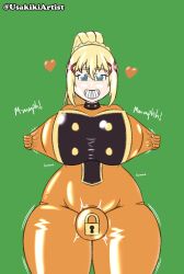 ass blonde_hair bodysuit breasts bulge darkness_(konosuba) female_only femsub futa_only futanari futasub green_eyes hair_ornament happy_trance heart huge_breasts kono_subarashii_sekai_ni_shukufuku_wo! latex meat_corp null_bulge ponytail rubber smile spiral_eyes standing symbol_in_eyes thick_thighs uniform usakiki