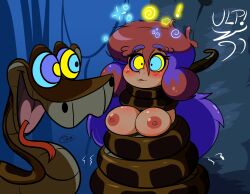 absurdres asphyxiation blue_hair blush bottomless breasts coils disney femsub hypnotic_eyes kaa kaa_eyes large_breasts long_hair maledom multicolored_hair naomi_(penken) nipples nude open_mouth original penken snake text the_jungle_book topless