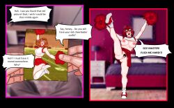  absurdres age_progression before_and_after blush brown_hair cheerleader english_text exposed_chest femsub happy_trance husband_and_wife karen_(mspainter) large_breasts lipstick milf mspainter original pubic_hair red_hair short_hair skirt_lift sneakers speech_bubble steam sweat text 