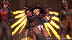  3d animated animated_gif black_hair breasts clothed dazed drool female_only femdom femsub large_breasts long_hair mercy open_mouth overwatch seamless short_hair smile sombra_(overwatch) source_filmmaker symmetra tongue widowmaker yuri 