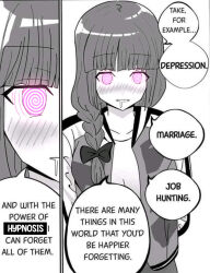  amnesia blush bocchi_the_rock! bow braid breasts chainsaw_man cleavage clothed drool dumbskull_(manipper) english_text eyebrows_visible_through_hair female_only femsub glowing glowing_eyes hair_ornament hard_translated humor jacket kikuri_hiroi long_hair looking_at_viewer manip memory_alteration myushir parody pink_eyes right_to_left ring_eyes solo speech_bubble spiral_eyes symbol_in_eyes translated 