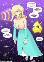  blue_eyes confused dress drool dumbskull earrings exposed_chest feet good_sub_conditioning hypnotic_light large_breasts luma nintendo nipples one_breast_out open_mouth princess_rosalina slippers spiral_background spiral_eyes staff super_mario_bros. super_mario_galaxy symbol_in_eyes text toenail_polish 
