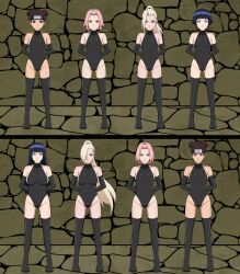 arms_behind_back black_hair blonde_hair blue_eyes brown_eyes brown_hair doggos_doujins female_only femsub gloves green_eyes hinata_hyuuga ino_yamanaka latex leggings loli long_hair multiple_girls multiple_subs naruto_(series) opera_gloves pink_eyes pink_hair sakura_haruno short_hair standing_at_attention tenten