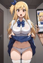  absurdres ai_art blonde_hair breasts brown_eyes drool esccc_(generator) expressionless fairy_tail femsub hair_ornament hair_ribbon hypnotic_app large_breasts long_hair lucy_heartfilia midriff multiple_views navel open_mouth panties phone preview ribbon ring_eyes school_uniform skirt skirt_lift smile spiral spiral_eyes symbol_in_eyes thigh_gap thighhighs thighs tongue 