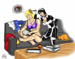 black_hair blonde_hair blue_eyes blush breasts dazed dc_comics feather_duster female_only happy_trance large_breasts maid power_girl purple_eyes rotem_dishon super_hero superman_(series) terra_(atlee) text underwear