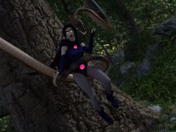  3d bare_legs bare_shoulders clothed coils complex_background crossover dc_comics disney femsub grey_skin hypnotic_eyes jungle kaa kaa_eyes legs leotard maledom mslumis multicolored_eyes open_mouth purple_hair raven short_hair sitting snake super_hero teen_titans the_jungle_book tongue tongue_out trees 
