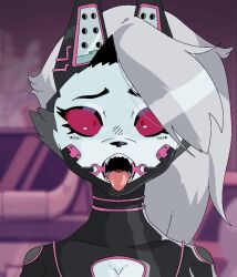 animated artist_request baphomet bodysuit cleavage cleavage_cutout drone female_only femsub furry grey_hair helluva_boss latex long_hair loona_(helluva_boss) open_mouth red_eyes ring_eyes ring_gag sidecut solo tongue tongue_out video white_skin 