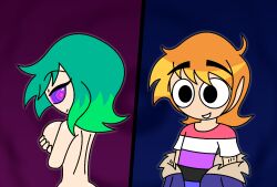 ahoge androgynous_dom bare_shoulders brown_hair coat convenient_censoring femsub green_hair happy_trance hypnoscream large_breasts looking_back love nude pride_colors ramona_flowers ring_eyes scott_pilgrim scott_pilgrim_(series) seductive_smile shiny_hair shiny_skin shirt simple_background smile undressing