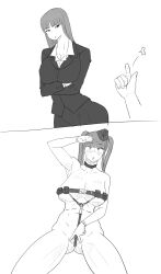 artist_request bottomless breasts business_suit choker finger_snap girls_und_panzer greyscale harness nude pussy saluting shiho_nishizumi spread_pussy topless twintails