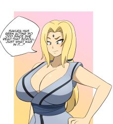 absurdres blonde_hair breasts cleavage confused female_only hand_on_hip huge_breasts kobi94 long_hair naruto_(series) ponytail solo text tsunade