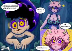  bikini carlo_robb_(colorist) cleavage clothed_exposure comic english_text feger23 femsub happy_trance horns jungle kaa_eyes large_breasts maledom mina_ashido minoru_mineta my_hero_academia naga_boy ring_eyes short_hair smile snake_boy spiral text 